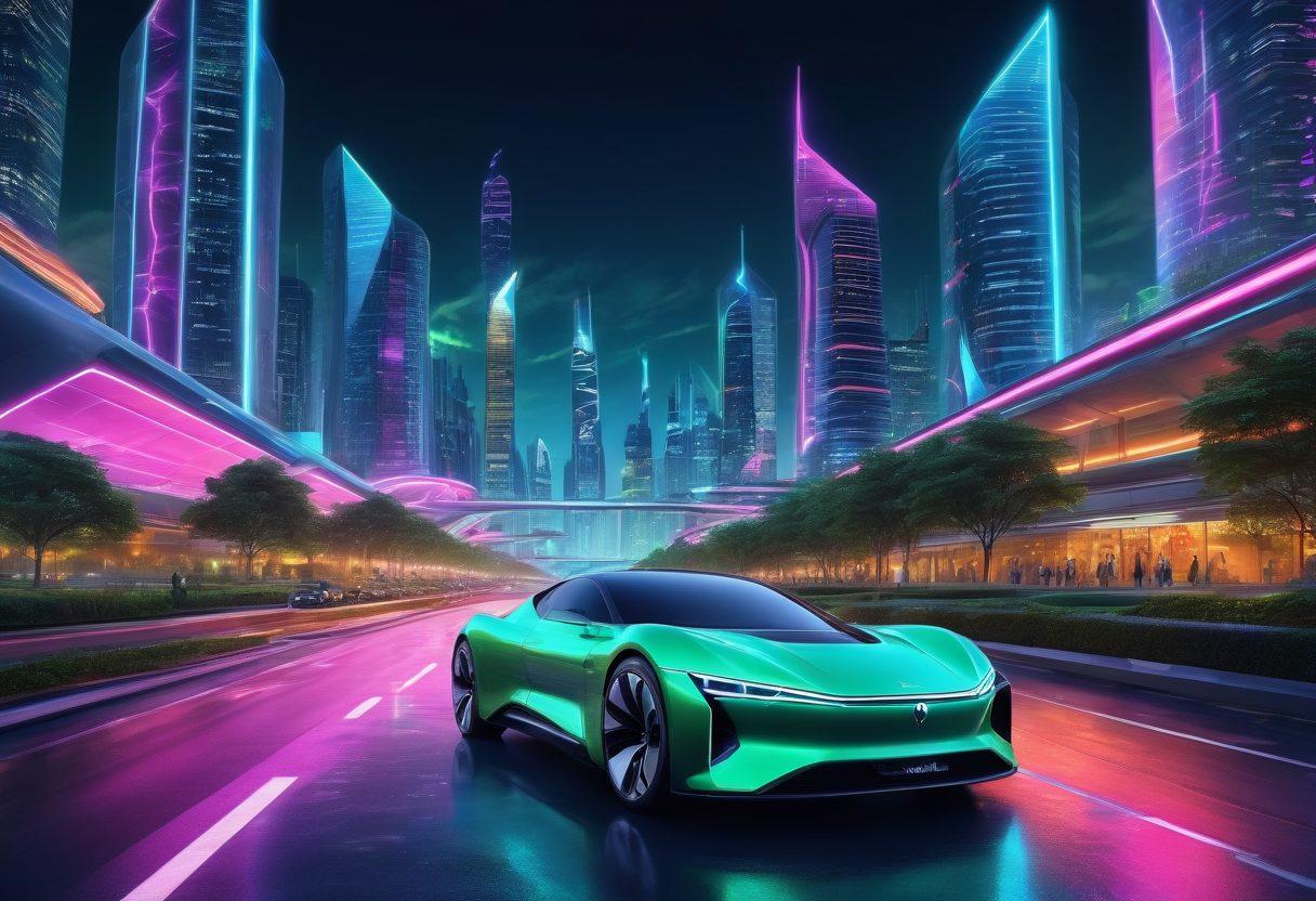 A futuristic cityscape filled with innovative vehicles showcasing the latest automotive technology, including sleek electric cars, flying taxis, and smart bicycles. The skyline is dotted with green spaces and renewable energy sources, illustrating sustainability. Bright neon lights and vibrant colors bring the urban scene to life, emphasizing movement and progress. Include people interacting with these vehicles, showcasing diversity and excitement. digital art. vibrant colors. futuristic style.