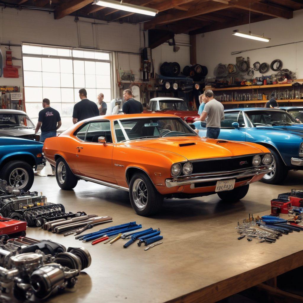 A dynamic scene showcasing a diverse group of car enthusiasts gathered around a classic muscle car, discussing features and maintenance tips. Include tools and car parts scattered on a workbench in the foreground, while an array of cars ranging from vintage to modern can be seen in the background. The atmosphere should be lively, reflecting passion and knowledge about car culture. super-realistic. vibrant colors. outdoor garage setting.